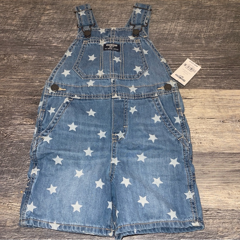 OshKosh B'gosh Blue Star Denim Short Overalls Romper Red White Blue American